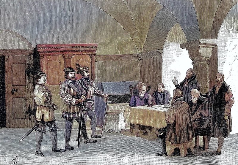 German Peasants' War, 1524-1526, Florian Geyer takes the federal oath from the people of Kitzingen. Florian Geyer, born around 1490, died June 10, 1525) was a Franconian imperial knight, troop leader in the service of Margrave Albert of Brandenburg-Ansbach and diplomat/German Peasants' War, Florian Geyer takes the oath of covenant with the Kitzingers. Florian Geyer, born around 1490, died June 10, 1525) was a Franconian imperial knight, commander of troops in the service of Margrave Albrecht of Brandenburg-Ansbach and diplomat, historical, digitally restored reproduction of an original model from the 19th century, exact original date not known, subsequently colored