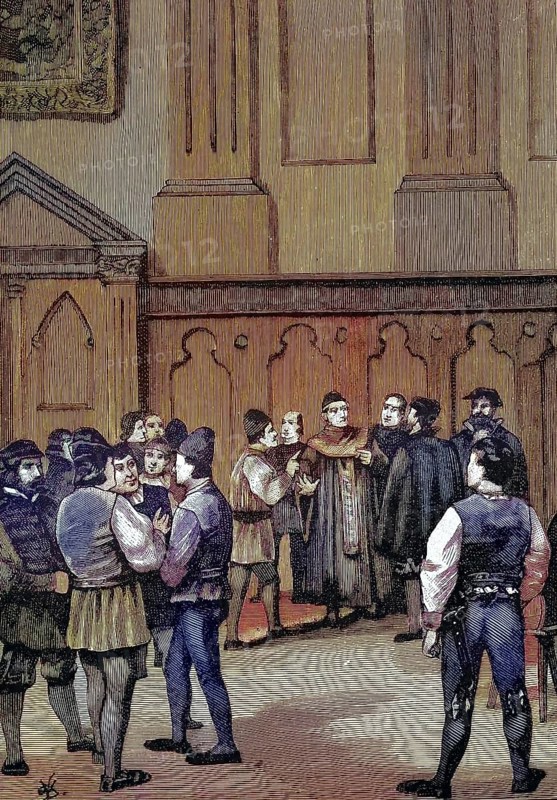 German Peasants' War, 1524-1526, Auf dem Landtag zu Würzburg/German Peasants' War, At the Diet of Würzburg, historical, digitally restored reproduction of an original model from the 19th century, exact original date unknown, subsequently colored