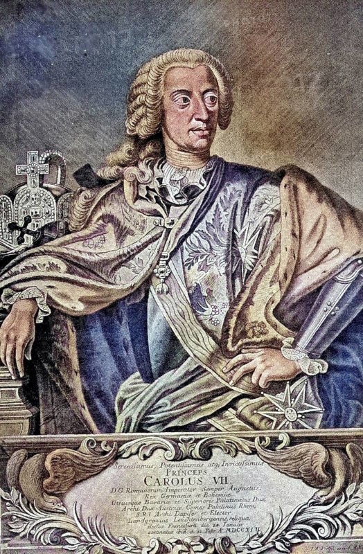 Charles Albrecht of Bavaria (born 6 August 1697, died 20 January 1745) from the House of Wittelsbach was Elector and Duke of Bavaria as Charles I from 1726 to 1745. After the death of Emperor Charles VI in 1740, from 1742 to 1745 as Charles VII Emperor of the Holy Roman Empire / Charles Albrecht of Bavaria (born August 6, 1697, died January 20, 1745) of the House of Wittelsbach was Elector and Duke of Bavaria as Charles I from 1726 to 1745. After the death of Emperor Charles VI in 1740, from 1742 to 1745 as Charles VII Emperor of the Holy Roman Empire, Historical, digitally restored reproduction of an original from the 19th century, exact original date unknown, subsequently coloured
