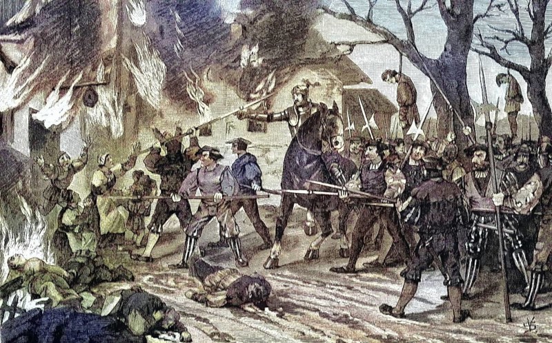 German Peasants' War, 1524-1526, burning of Schladming/German Peasants' War, burning of Schladming, historical, digitally restored reproduction of an original model from the 19th century, exact original date unknown, subsequently colored
