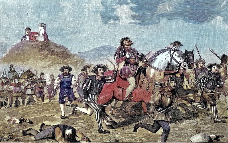 German Peasants' War, 1524-1526, Sieg der Bauern bei Goyssen/German Peasants' War, Victory of the Peasants at Goyssen, historical, digitally restored reproduction of an original model from the 19th century, exact original date unknown, subsequently colored
