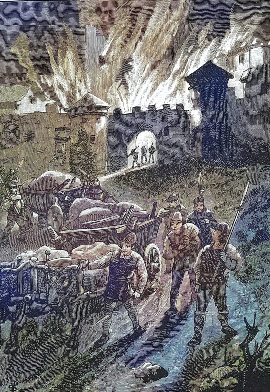 German Peasants' War, 1524-1526, Fire of Hohenstaufen Castle/German Peasants' War, fire of Hohenstaufen Castle, historical, digitally restored reproduction of an original model from the 19th century, exact original date unknown, subsequently colored