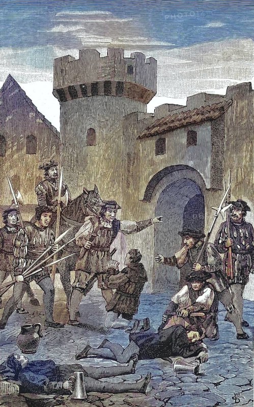German Peasants' War, 1524-1526, Die Eselspforte in Marbach/German Peasants' War, The Donkey Gate in Marbach, historical, digitally restored reproduction of an original model from the 19th century, exact original date unknown, subsequently colored