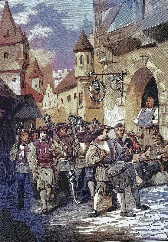 German Peasants' War, 1524-1526, Der Rat zu Hall mit seine Waffen/German Peasants' War, The Council at Hall with its Arms, historical, digitally restored reproduction of an original model from the 19th century, exact original date not known, subsequently colored