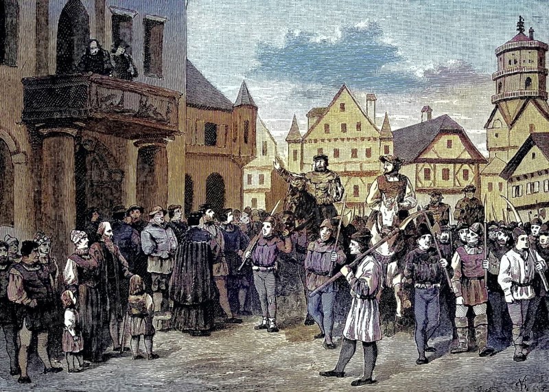 German Peasants' War, 1524-1526, Einzug der Bauern in Stuttgart/German Peasants' War, entry of the peasants into Stuttgart, historical, digitally restored reproduction of an original model from the 19th century, exact original date unknown, subsequently colored