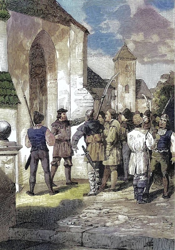 German Peasants' War, 1524-1526, Matern Feürbacher becomes peasant captain. Matern Feürbacher (born around 1484/1485, died in front of 1567) was a leader of the peasants in the Peasants' War / German Peasants' War, Matern Feürbacher becomes peasant captain. Matern Feürbacher (born around 1484/1485, died in front of 1567) was a leader of the peasants in the Peasants' War, Historic, digitally restored reproduction of an original from the 19th century, exact original date unknown, subsequently coloured