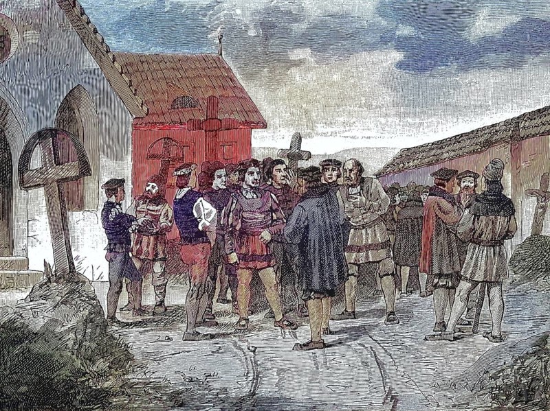 German Peasants' War, 1524-1526, Uprising in Frankfurt am Main/German Peasants' War, uprising in Frankfurt am Main, historical, digitally restored reproduction of an original model from the 19th century, exact original date not known, subsequently colored