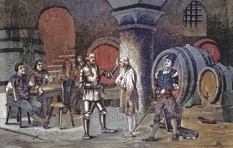 German Peasants' War, 1524-1526, Götz von Berlichingen im Kloster zu Amorbach/German Peasants' War, Götz von Berlichingen in the monastery at Amorbach, historical, digitally restored reproduction of an original model from the 19th century, exact original date unknown, subsequently colored