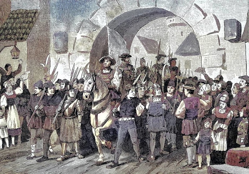 German Peasants' War, 1524-1526, The Heilbronn Flag moves out/German Peasants' War, The Heilbronn ensign moves out, historical, digitally restored reproduction of an original model from the 19th century, exact original date not known, subsequently colored