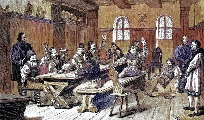 German Peasants War, 1524-1526, Junkers celebrate in a tavern/German Peasants War, Junkers celebrate in a tavern, historical, digitally restored reproduction of an original model from the 19th century, exact original date unknown, colored later
