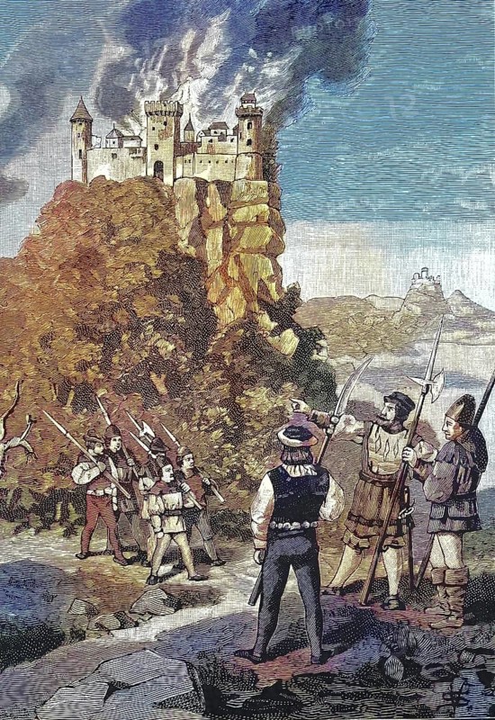 German Peasants' War, 1524-1526, destruction of Teck Castle south of the town of Kirchheim unter Teck in Baden-Württemberg/German Peasants' War, destruction of Teck Castle south of the town of Kirchheim unter Teck in Baden-Württemberg, Germany, historical, digitally restored reproduction of an original original from the 19th century, exact original date not known, subsequently colored