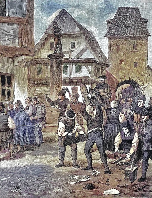 German Peasants' War, 1524-1526, The Farmers in Berken Mistreat the Jews/German Peasants' War, The Peasants in Berken Mistreat the Jews, historical, digitally restored reproduction of an original model from the 19th century, exact original date not known, subsequently colored