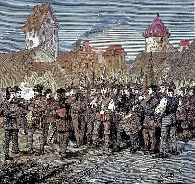 German Peasants' War, 1524-1526, Jäcklein Rohrbach in Flein. Jakob Rohrbach (died May 20 or 21, 1525) was a leader of the peasants in the Peasants' War of 1525, under whose leadership the castle and town of Weinsberg were stormed on 16 April 1525 / German Peasants' War, Jäcklein Rohrbach in Flein. Jakob Rohrbach (died May 20 or 21, 1525) was a leader of the peasants in the Peasants' War of 1525. Under his leadership, Weinsberg Castle and town were stormed on April 16, 1525, Historisch, digital restaurierte Reproduktion einer Originalvorlage aus dem 19. century, genaues Originaldatum nicht bekannt, nachträglich farbiert