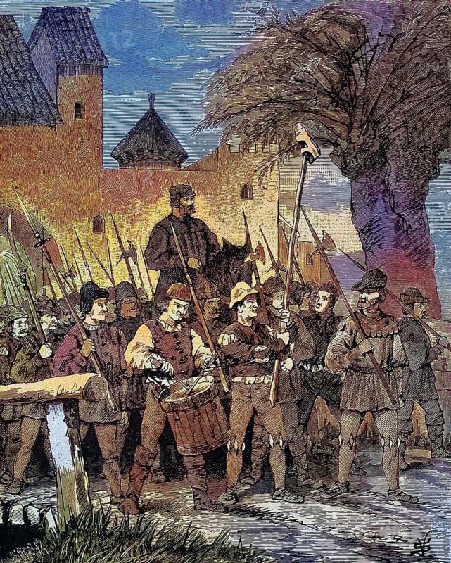 German Peasants' War, 1524-1526, Georg Mezler moves out of Oberschüpf/German Peasants' War, Georg Mezler moves out of Oberschüpf, historical, digitally restored reproduction of an original model from the 19th century, exact original date not known, subsequently colored