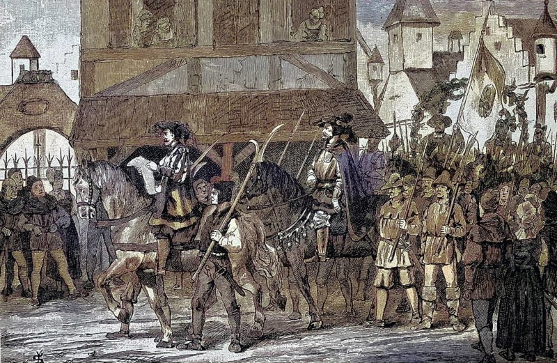 German Peasants' War, 1524-1526, Hans Müller with his satellites. Hans Müller, called von Bulgenbach, (born in the 15th century, died August 12, 1525) was a peasant leader in the German Peasants' War / German Peasants' War, Hans Müller with his satellites. Hans Müller, called von Bulgenbach, (born in the 15th century, died August 12, 1525) was a peasant leader in the German Peasants' War, Historical, digitally restored reproduction of an original from the 19th century, exact original date unknown, subsequently coloured