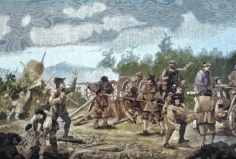 German Peasants' War, 1524-1526, battle near Leipheim, Swabia, Bavaria/German Peasants' War, battle near Leipheim, Swabia, Bavaria, historical, digitally restored reproduction of an original model from the 19th century, exact original date unknown, colored later
