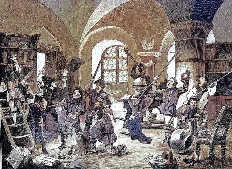 German Peasants' War, 1524-1526, Bustle of the Farmers in Roggenburg, Bayern/German Peasants' War, Driving of the Peasants in Roggenburg, Bavaria, historical, digitally restored reproduction of an original model from the 19th century, exact original date unknown, subsequently colored