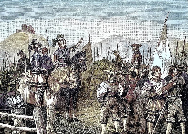 German Peasants' War, 1524-1526, The Truchsess talks to the Landsknechten near Böblingen. Truchsess was a court office in the medieval court society/German Peasants' War, The Truchsess talks to the Landsknechts near Böblingen. Truchsess was a court office in medieval court society, historical, digitally restored reproduction of an original model from the 19th century, exact original date not known, subsequently colored