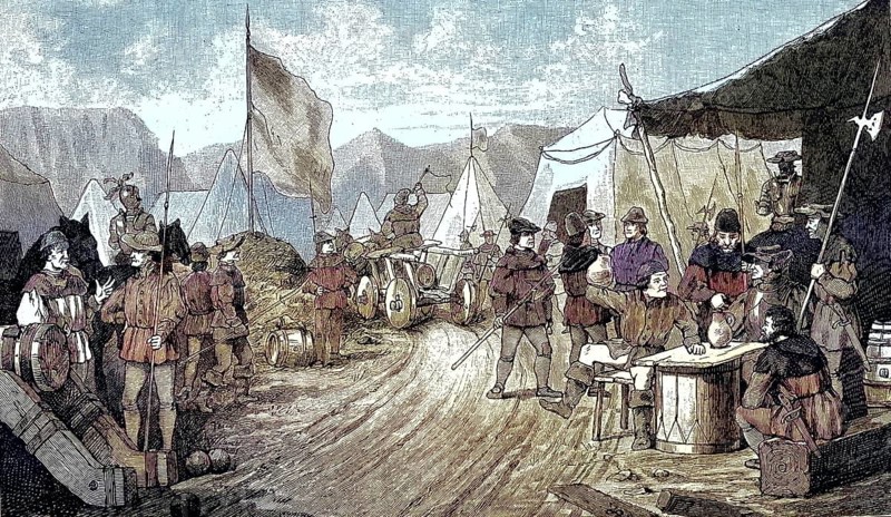 German Peasants' War, 1524-1526, Peasants' Camp near Laupheim, Baden-Württemberg/German Peasants' War, Peasants' Camp near Laupheim, Baden-Württemberg, historical, digitally restored reproduction of an original model from the 19th century, exact original date unknown, subsequently colored