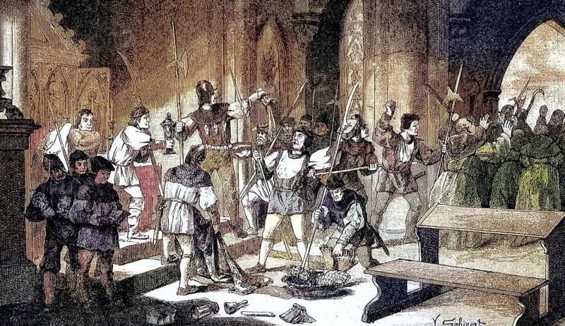 German Peasants' War, 1524-1526, destruction of the Charterhouse near Frauenfeld/German Peasants' War, destruction of the Charterhouse near Frauenfeld, historical, digitally restored reproduction of an original model from the 19th century, exact original date not known, subsequently colored