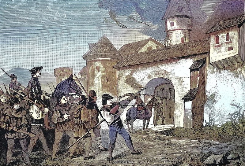 German Peasants' War, 1524-1526, incineration of Sulz/German Peasants' War, shelling of Sulz, historical, digitally restored reproduction of an original model from the 19th century, exact original date unknown, subsequently colored