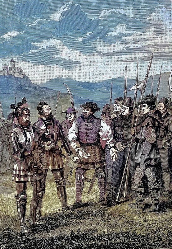 German Peasants' War, 1524-1526, The Counts of Hohenlohe must swear to the League of Farmers/German Peasants' War, The Counts of Hohenlohe must swear allegiance to the League of Peasants, historical, digitally restored reproduction of an original original from the 19th century, exact original date not known, subsequently colored