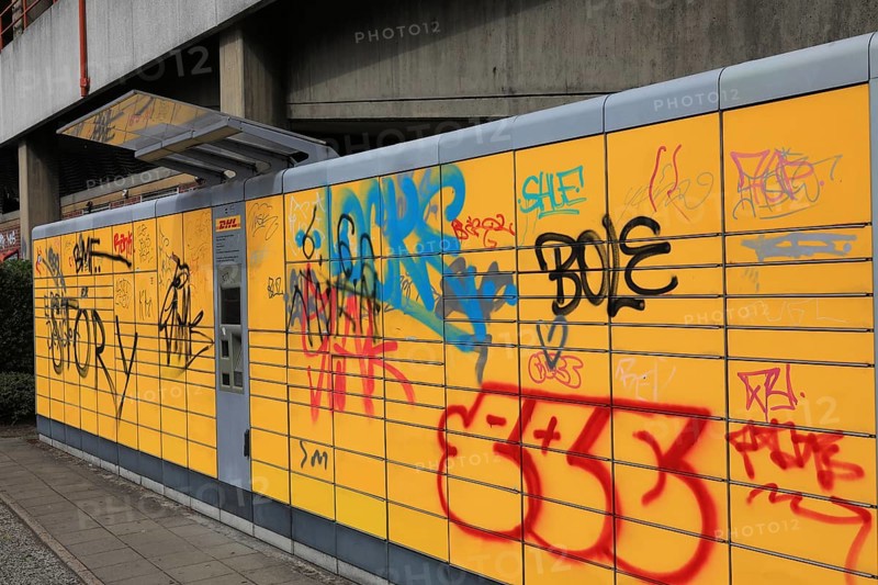 Property damage, smudges at a Deutsche Post parcel collection station, here in Oldenburg, Lower Saxony, Germany
