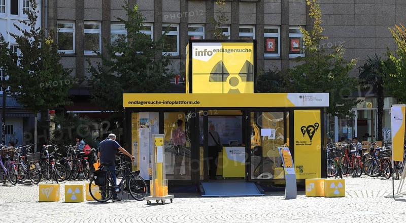 Infomobile on the search for a final repository, operated by the Federal Office for the Safety of Nuclear Waste Management (BASE) to inform citizens about the search for a site for a nuclear waste repository.here in Oldenburg, Lower Saxony, Germany