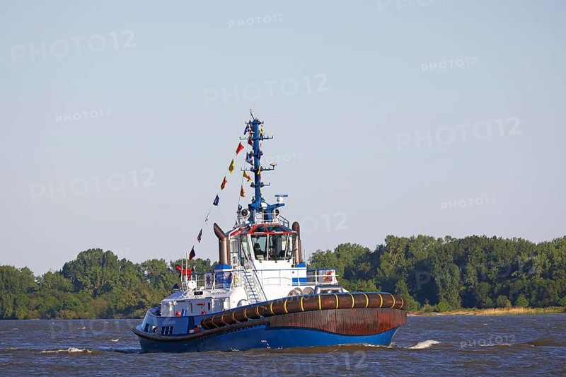 Decorated ship type Fairplay-91 tugboat leaves the port of Hamburg on the Elbe after Hamburg's port birthday, Wedel, Schleswig-Holstein, Germany