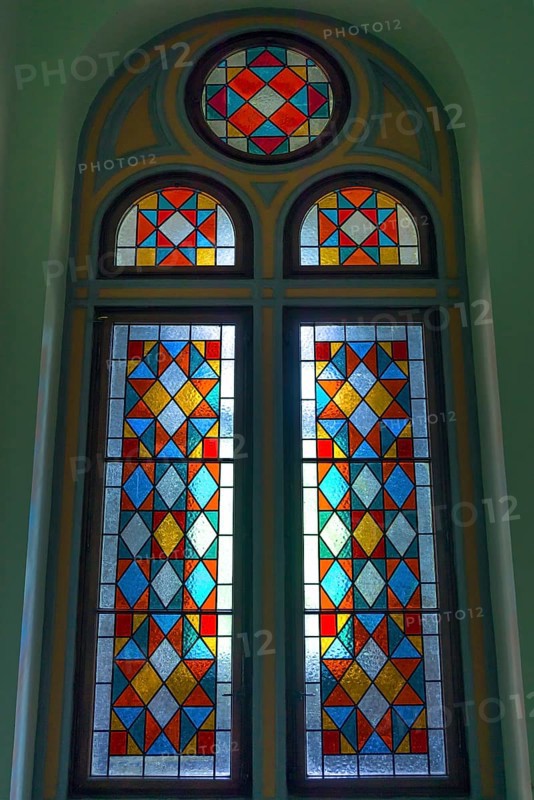 Colored stained glass windows in the National Yuri Fedkovych University, founded 1875, Czernowicz, Ukraine