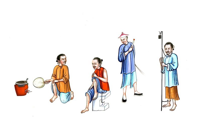 Jurisprudence, torture and punishment in medieval China, a convict is bound to a stone, authentic, digitally restored reproduction from an 18th-century original, exact date of depiction unknown, historical