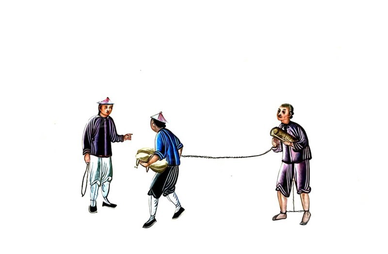 Jurisprudence, torture and punishment in medieval China, two guards lead an offender in chains, authentic, digitally restored reproduction from an 18th century original, exact date of depiction unknown, historical