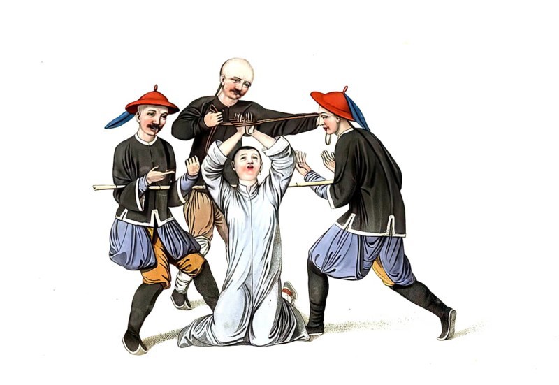 Jurisprudence, torture and punishment in medieval China, The torture of fingers, which is caused by placing small pieces of wood between them and then pulling them together very violently with strings. It is frequently imposed as punishment against disorderly woman, authentic, digitally restored reproduction from an 18th century model, exact date of depiction unknown, historical