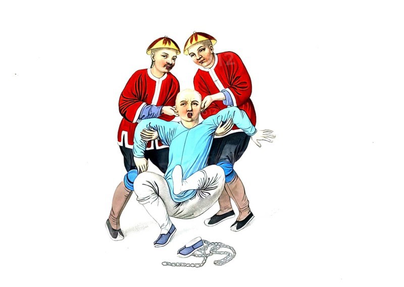 Jurisprudence, torture and punishment in medieval China, twisting of the ears, While cutting off the ears was a permanent mark as a criminal, twisting or twisting served more to force confessions or brief punishment, authentic, digitally restored reproduction from an 18th century original, exact date of presentation unknown, historical