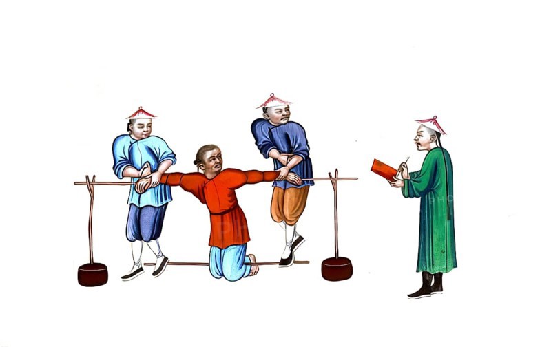 Jurisdiction, torture and punishment in medieval China, torture by pressing knuckles with wooden bars. The victim kneels on the ground while two or three long wooden bars are placed between the legs and over the ankles in such a way that they exert massive pressure on the joints through leverage or body weight of the torturers, authentic, digitally restored reproduction from an 18th century original, exact date of presentation unknown, historical