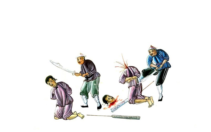 Jurisprudence, torture and punishment in medieval China, scene of the beheading of an offender, authentic, digitally restored reproduction from an 18th century model, exact date of presentation unknown, historical