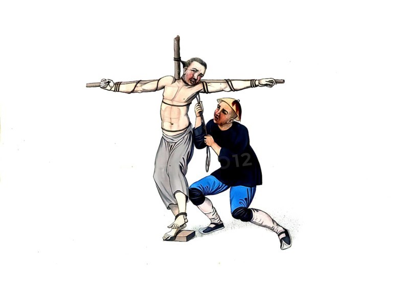 Jurisprudence, torture and punishment in medieval China, death penalty by hanging, form of execution in which the convicted person was strangled at a stake, authentic, digitally restored reproduction from an 18th-century model, exact date of presentation unknown, historical