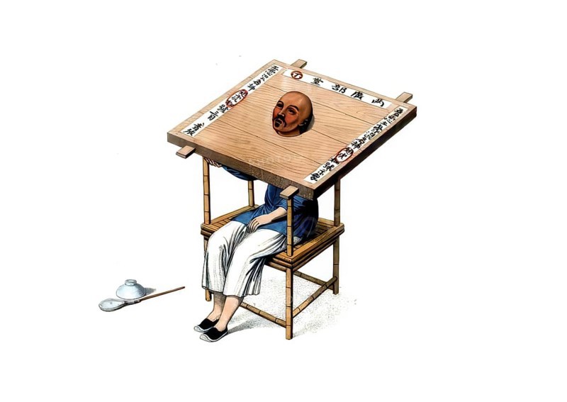 Jurisprudence, torture and punishment in medieval China, method of punishment, often known as cangue in the West, was a form of public humiliation and corporal punishment widespread in imperial China. The wooden collar usually consisted of two heavy wooden plates, which were placed around the convict's neck and sealed. Wearers could not bring their hands to their mouths, which made them completely dependent on the help of third parties when eating and drinking. In extreme cases, this defenselessness led to death through starvation or exhaustion, authentic, digitally restored reproduction from an 18th century original, exact date of depiction unknown, historical