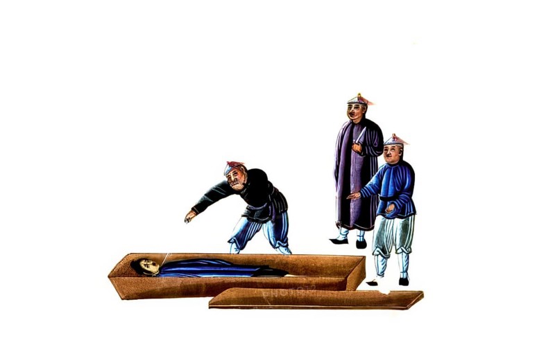 Jurisprudence, torture and punishment in medieval China, the scene shows officials examining a dead person in a coffin Man is placed in a coffin and pierced through the throat with a sword, authentic, digitally restored reproduction from an 18th century original, exact date of depiction unknown, historical