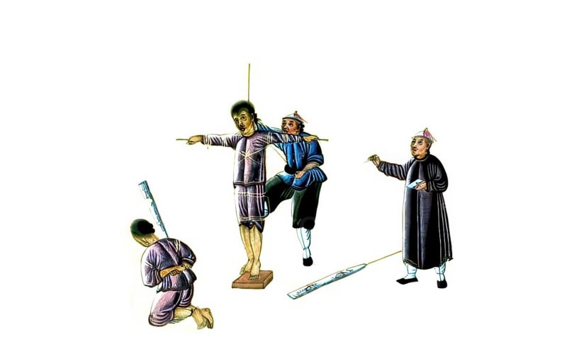 Jurisprudence, torture and punishment in medieval China, Lingchi torture method, death by a thousand cuts. The convicted person was tied to a wooden frame while the executioner or an assistant kneeled in front of it to prepare or carry out the sentence, authentic, digitally restored reproduction from an 18th century original, exact date of depiction unknown, historical