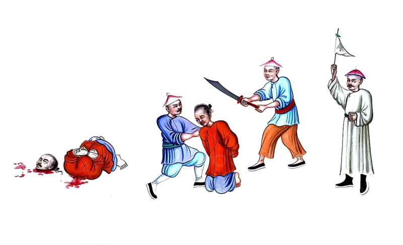 Jurisprudence, torture and punishment in medieval China, The artwork shows a public beheading scene in imperial China, probably during the Qing dynasty (1644 to 1911), authentic, digitally restored reproduction from an 18th century original, exact date of depiction unknown, Historical