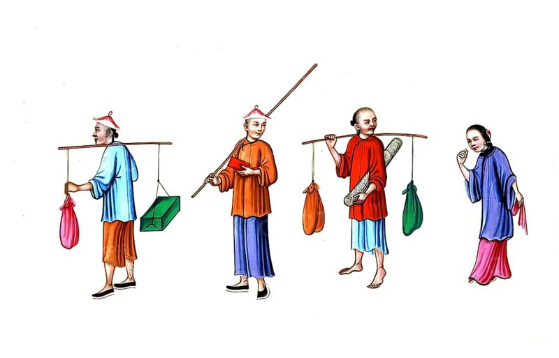 Jurisprudence, torture and punishment in medieval China, this image is a Chinese Pith paper painting presumably depicting Chinese prisoners bearing heavy burdens. The men carry the loads of poles that balance on their shoulders, authentic, digitally restored reproduction from an 18th century model, exact date of depiction unknown, historical