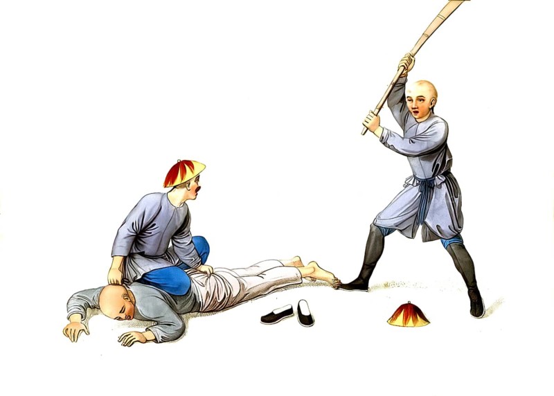 Jurisprudence, torture and punishment in medieval China, illustration depicting spanking, bastinade), in China, a form of corporal punishment involving the soles of the feet, authentic, digitally restored reproduction from an 18th century original, exact date of presentation unknown, historical