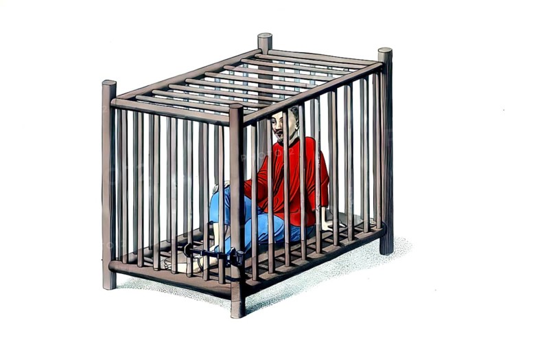 Jurisdiction, torture and punishment in medieval China, criminals in a cage. This person is also secured by a chain, which extends from their neck to their ankle and from there is attached to one of the corner posts of their wooden cage, whose entrance is formed by two movable bars. A wooden plank serves as a seat and bed for this prisoner, authentic, digitally restored reproduction from an 18th century model, exact date of depiction unknown, historical