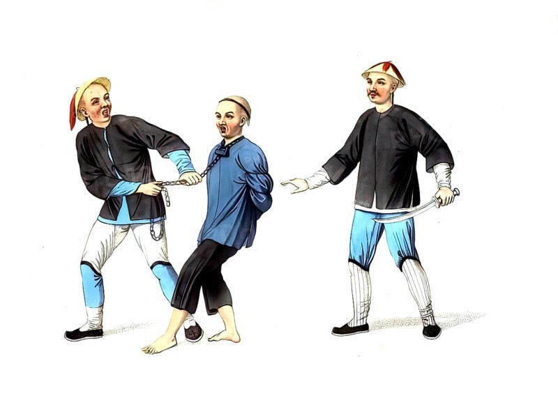 Jurisprudence, Torture and Punishment in Medieval China, This illustration shows a defendant being brought to prison, tied with a chain around his neck, authentic, digitally restored reproduction from an 18th-century original, exact date of depiction unknown, Historical