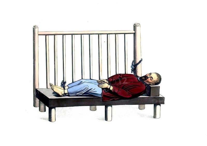Jurisdiction, torture and punishment in medieval China, narrow prison camp. This criminal is tied to a kind of bed frame with outstretched links, with a wooden block serving as a pillow. His hands and feet are provided with iron shackles and chains, his neck is chained to a post and secured with two padlocks, authentic, digitally restored reproduction from an 18th century model, exact date of depiction unknown, historical