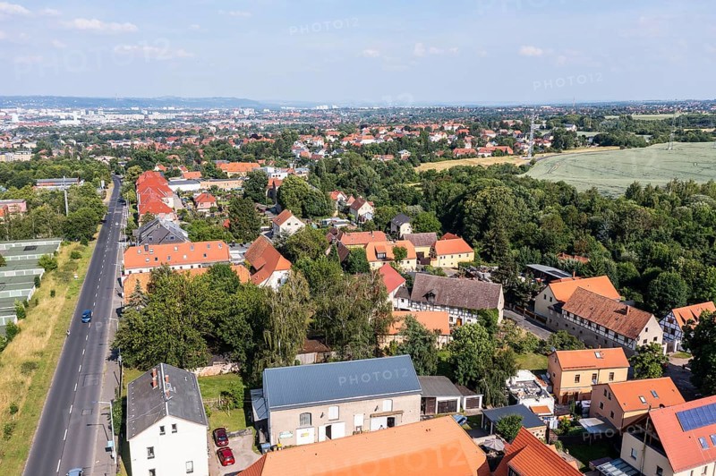 Aerial view of the old town center, Altgorbitz, Kesselsdorfer Straße on the left, Dresden and the Elbe Valley in the background, Dresden, Saxony, Germany