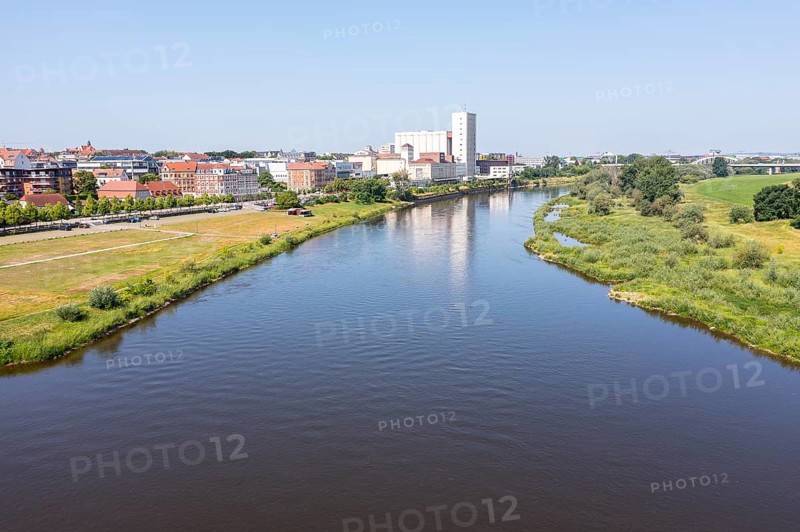 Aerial view of the Elbe with skyline of Riesa, Saxony, Germany