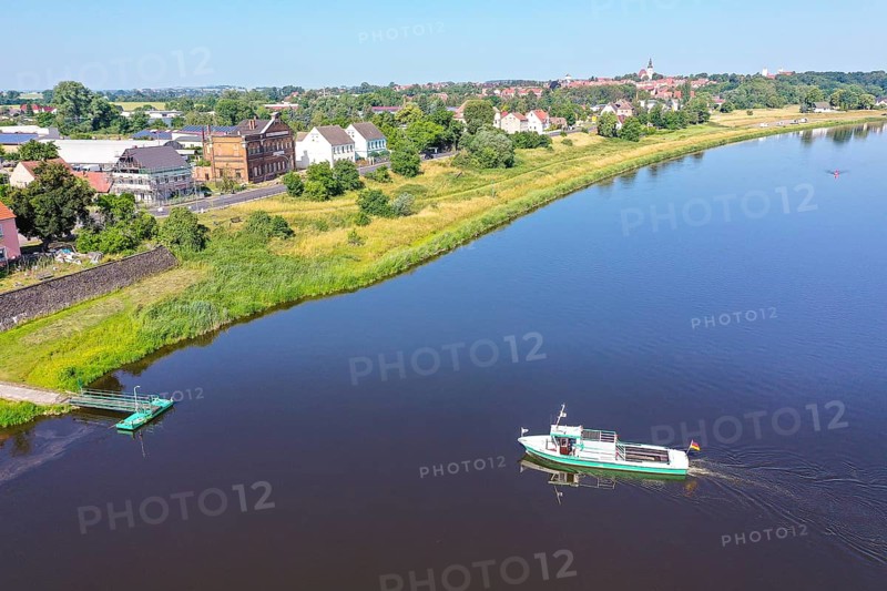 Aerial view of city view with church and castle, Elbe and ferry, Strehla, Saxony, Germany