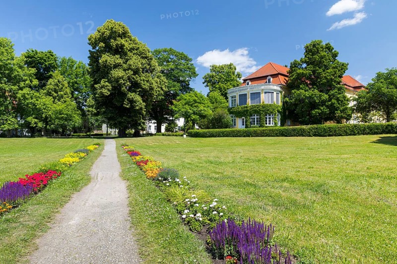Colourful blooming flower beds in the castle park with the New Castle in the background, Pulsnitz, Saxony, Germany